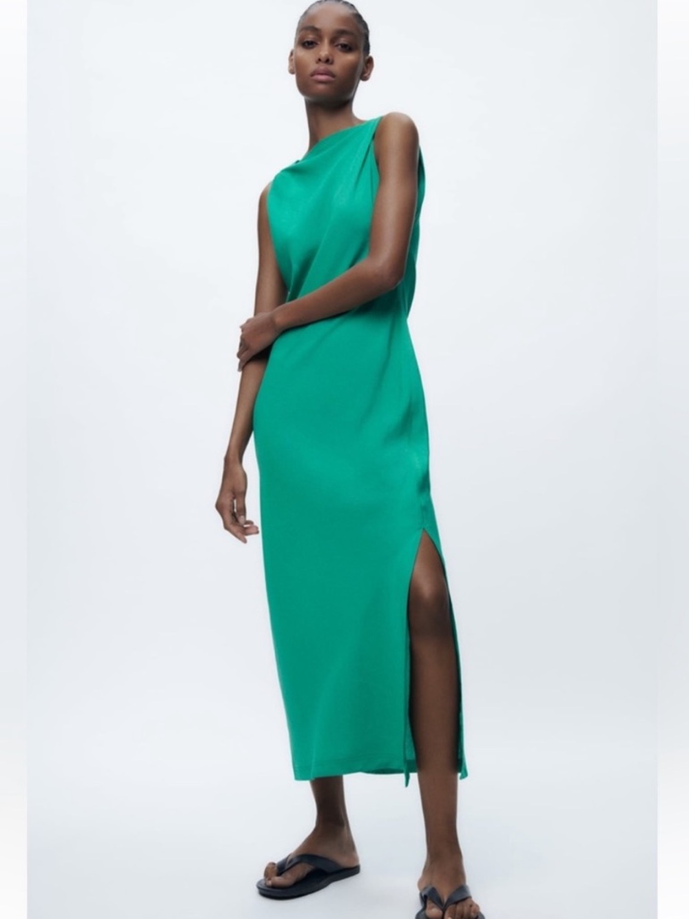 Zara LINEN BLEND RUCHED DRESS. Green/Blue. Size M. New with Tags.